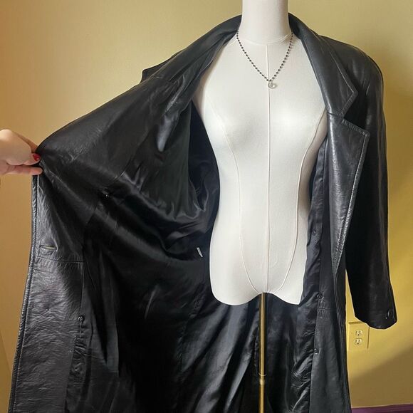 Vintage 80s 90s Black Leather Maxi Trench Coat USA Y2K Goth Matrix Grunge Sz 10 - Picture 7 of 11